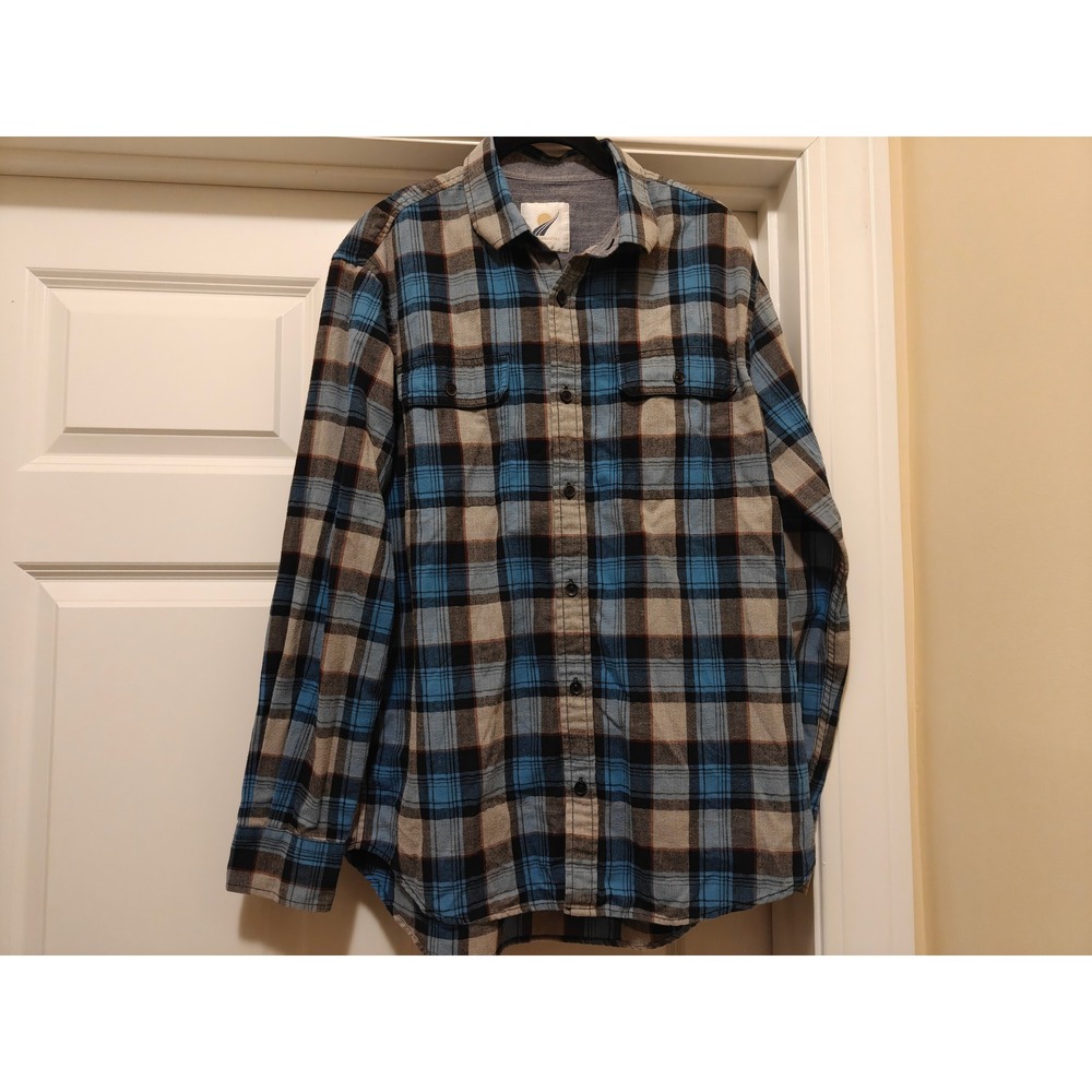 Fundamental Coast Mens Flannel Shirt Blue Tan Plaid Button Down Long Sleeve M